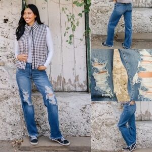 Judy Blue Lauren Mid Rise Distressed Dad Jean Ripped Frayed Hem Denim Size 13/31